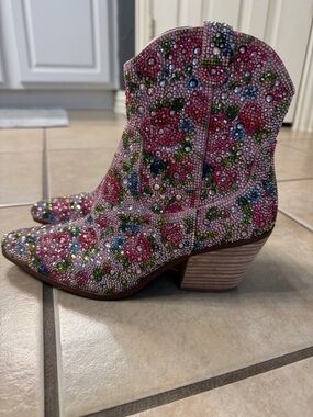 Betsey Johnson Pink Multicolor Crystal Floral Ankle Boots